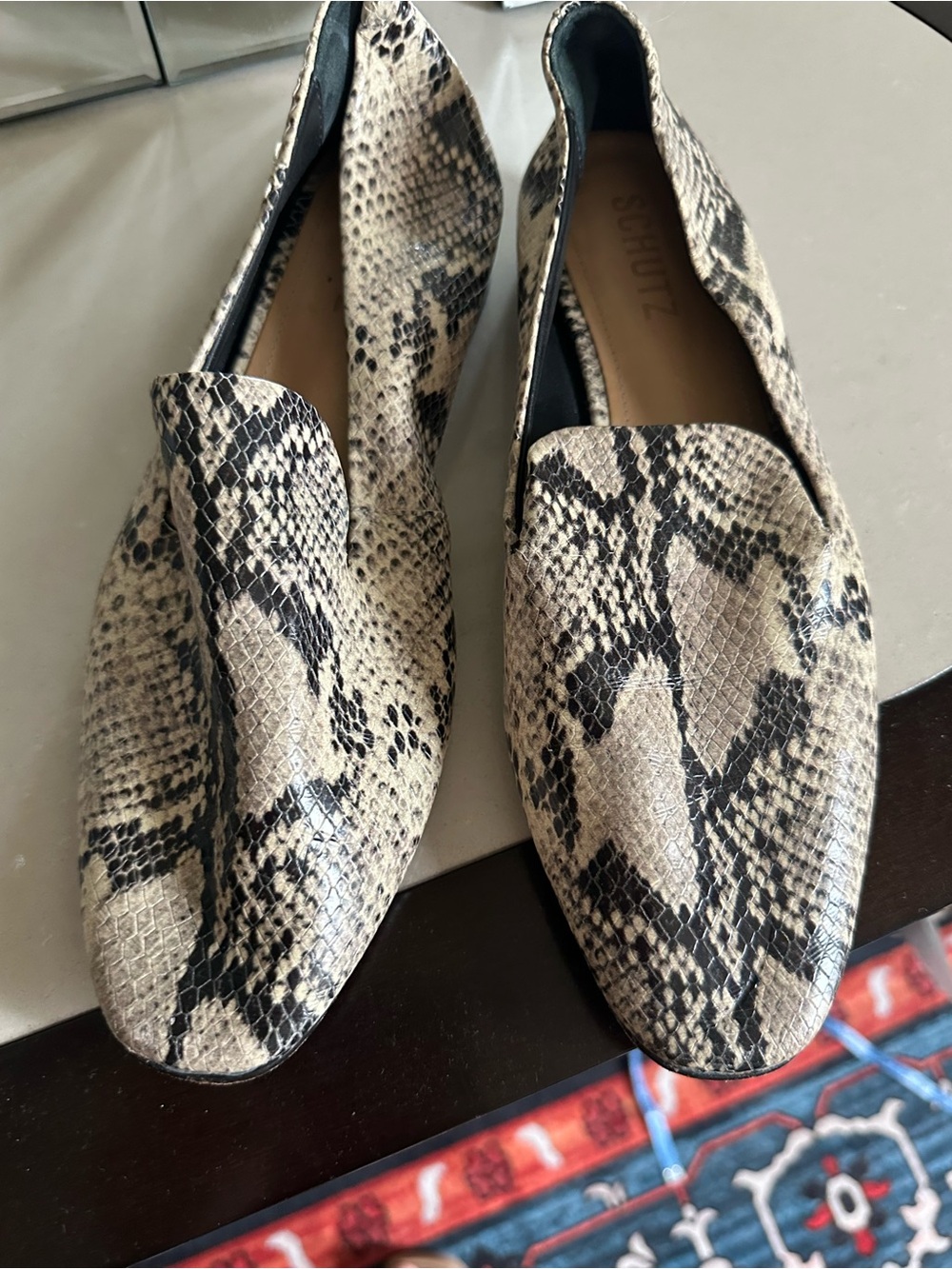 Schutz Snake-Print Loafers in Beige and Black